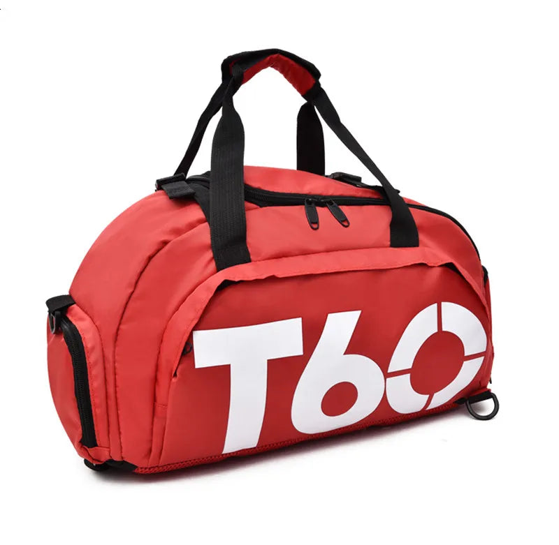 Red waterproof gym bag with dual handles, perfect for fitness, yoga, and travel.