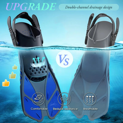 Comparison of upgraded snorkel fins with double-channel drainage design for comfort and breathability in swimming and diving.