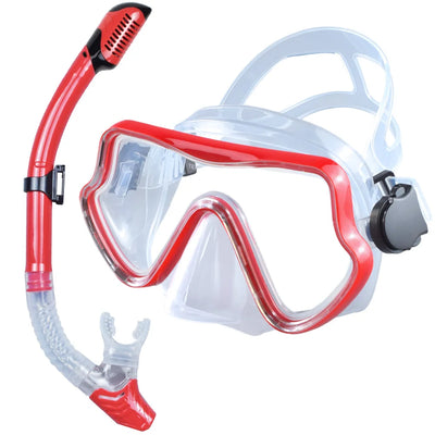 Scuba diving mask and snorkel set for adults, professional panoramic design, tempered glass, ideal for snorkeling and swimming training.