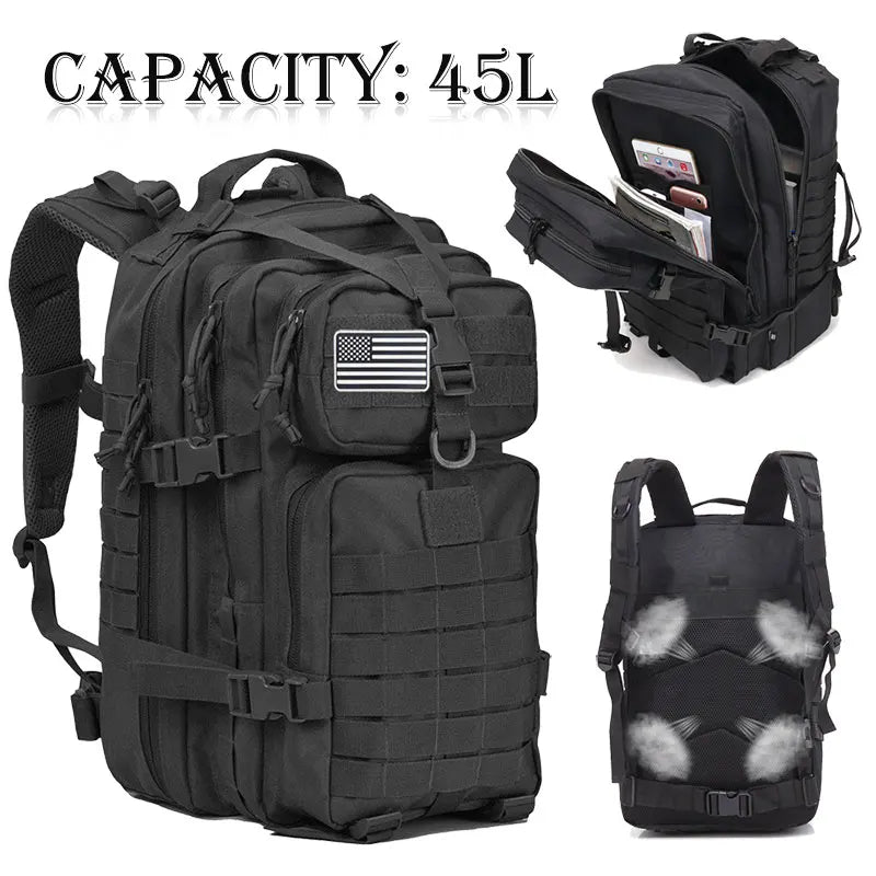 45L tactical backpack for hiking, camping, and outdoor activities; waterproof and multifunctional design.