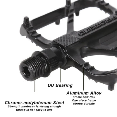 Close-up of a road bike pedal featuring DU bearing, aluminum alloy, and chrome-molybdenum steel for enhanced grip and durability.