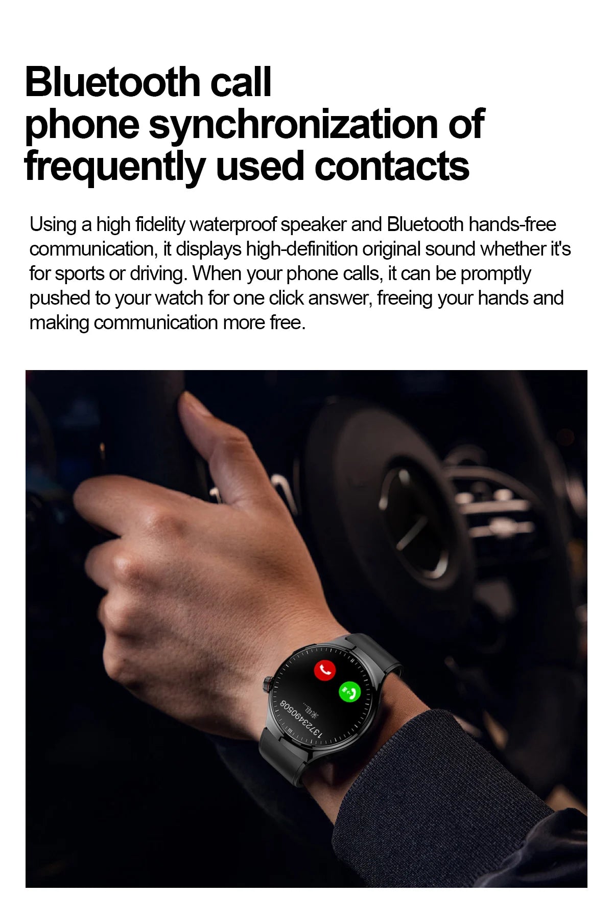 Bluetooth smartwatch displaying hands-free call synchronization in a car environment.