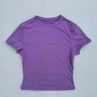 Women's purple short-sleeved sports T-shirt, quick-drying and breathable, ideal for yoga and fitness.
