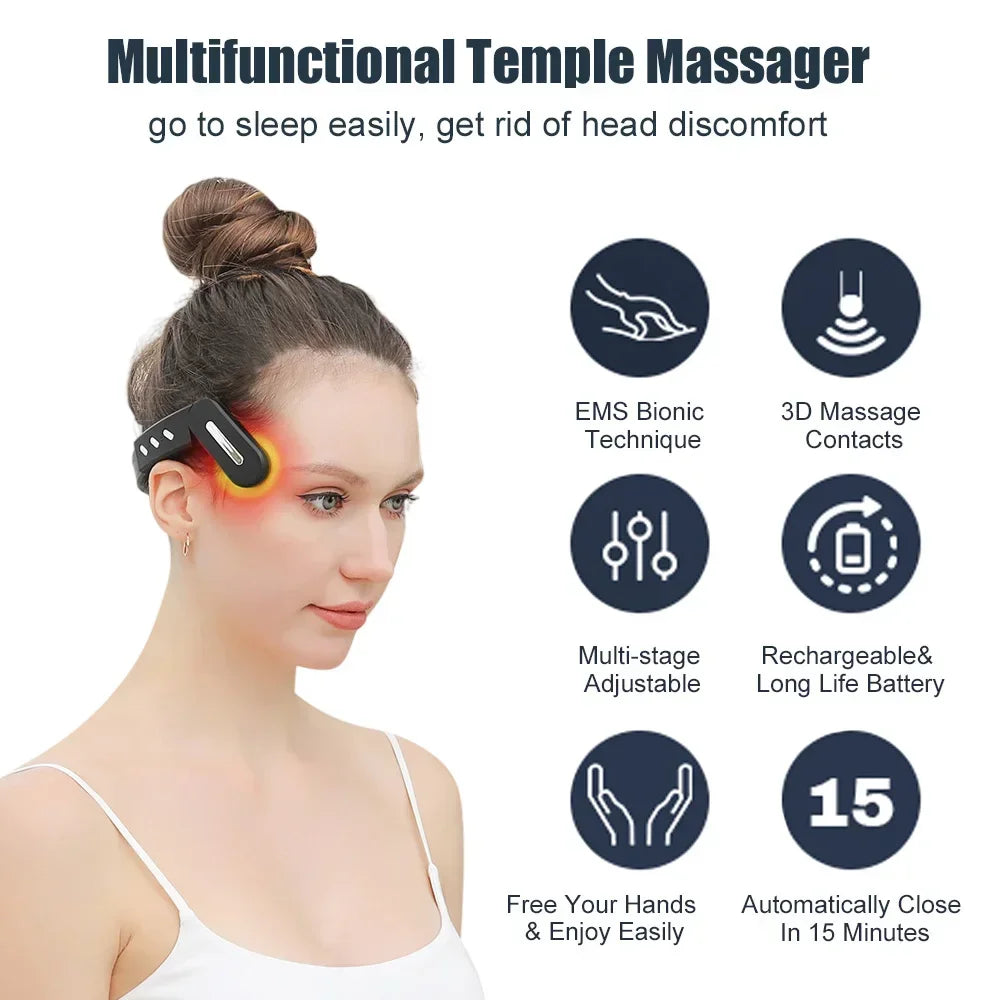 Woman using a multifunctional temple massager for head discomfort relief and sleep support.