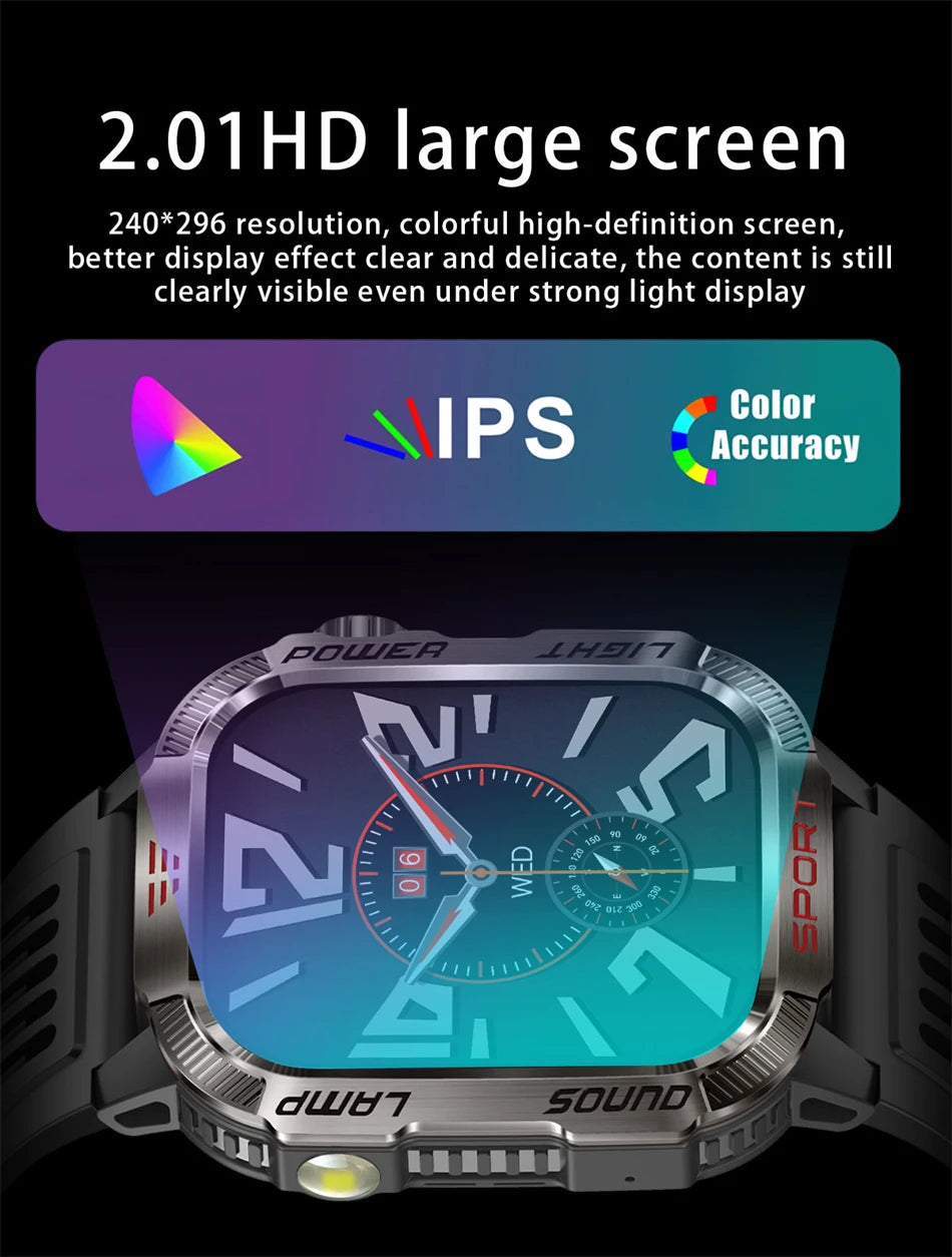 Military GPS Smart Watch with 2.01-inch HD screen showcasing clear, colorful display under bright light.