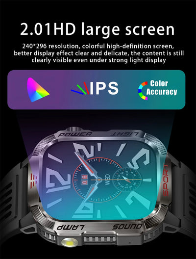 Military GPS Smart Watch with 2.01-inch HD screen showcasing clear, colorful display under bright light.