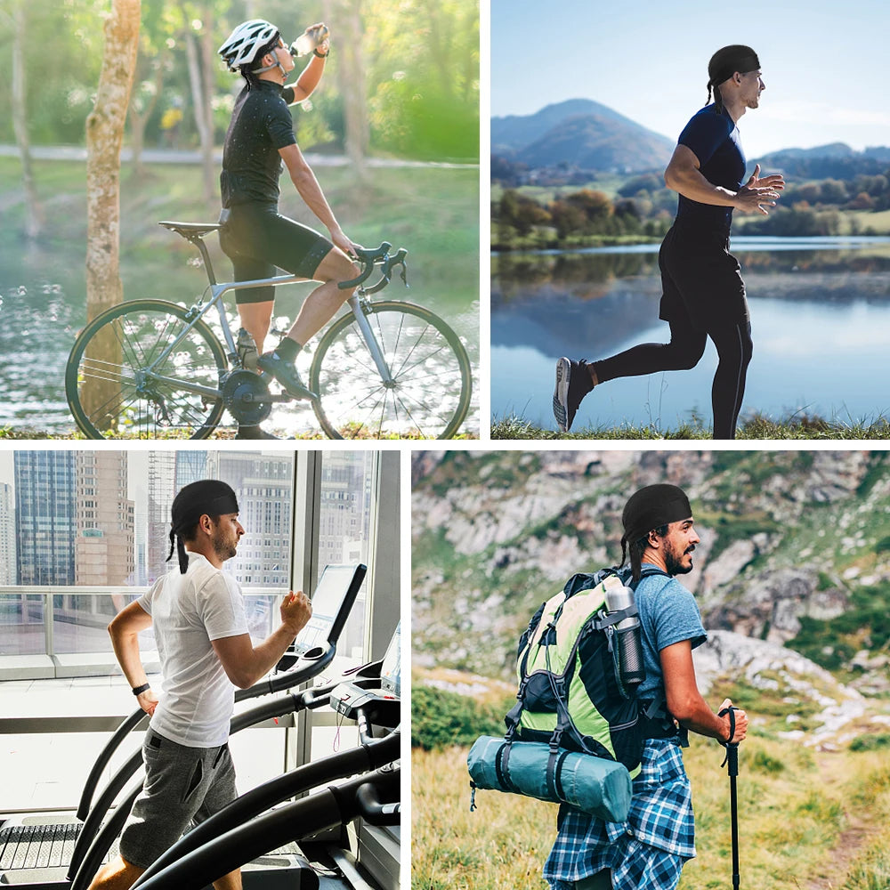 Men and women wearing a quick-dry sport headband while cycling, exercising, running, and hiking outdoors.