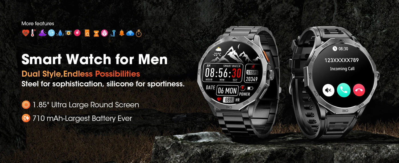 Smartwatch for men showcasing a 1.85" display, stylish design, and dual functionality with large battery.