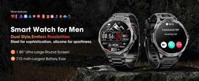 Smartwatch for men showcasing a 1.85" display, stylish design, and dual functionality with large battery.