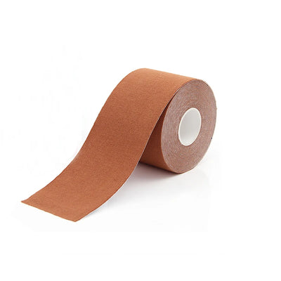 Brown kinesio tape roll for muscle support and knee pain relief, ideal for athletic recovery and strain protection.