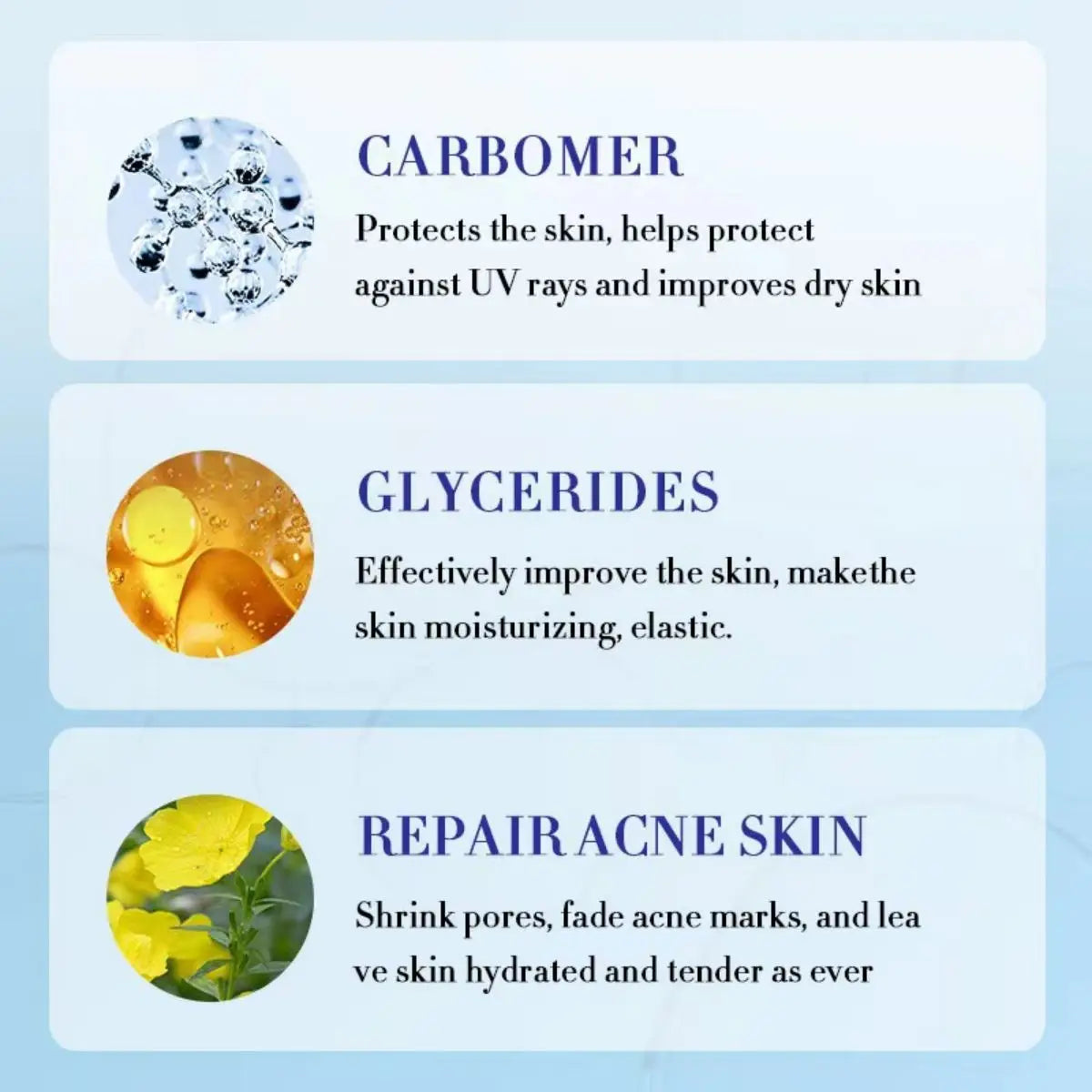 Infographic detailing skincare benefits: Carbomer protects against UV rays, Glycerides enhance moisture, Repair acne skin.