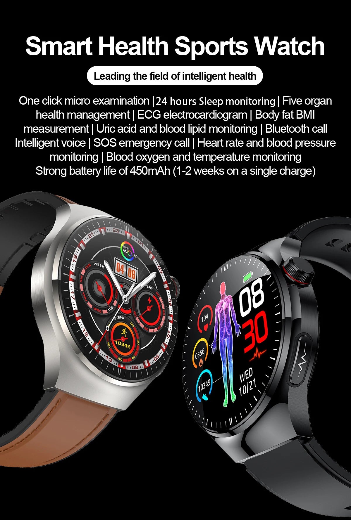 Smart health sports watch showcasing features like ECG, sleep monitoring, body fat measurement, and Bluetooth connectivity.