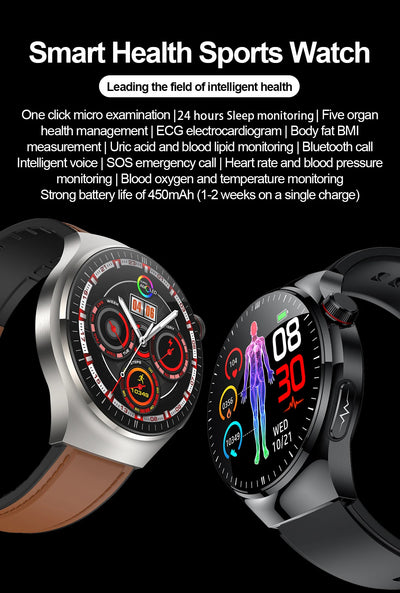 Smart health sports watch showcasing features like ECG, sleep monitoring, body fat measurement, and Bluetooth connectivity.