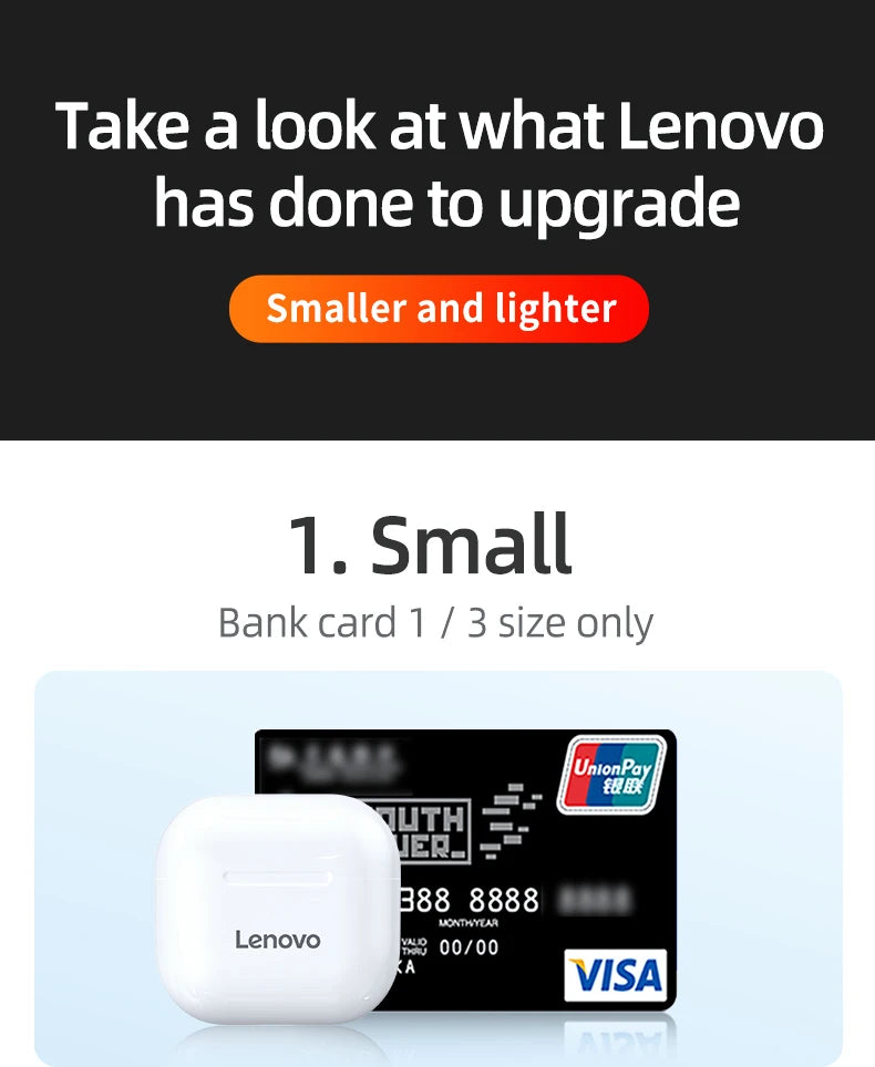 Lenovo wireless earphones shown beside a bank card, highlighting their compact size and lightweight design.
