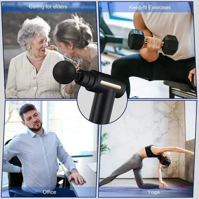 Collage showcasing Deep Tissue Massage Gun use in caring for elders, fitness exercises, office relief, and yoga.
