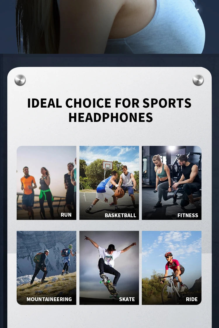 Collage showcasing sports headphones for activities like running, basketball, fitness, mountaineering, skateboarding, and riding.