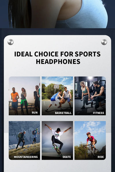 Collage showcasing sports headphones for activities like running, basketball, fitness, mountaineering, skateboarding, and riding.