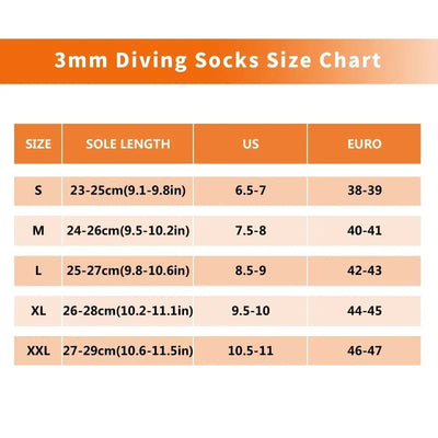Size chart for 3mm diving socks, showing sizes, sole lengths, and US/EU shoe equivalents.