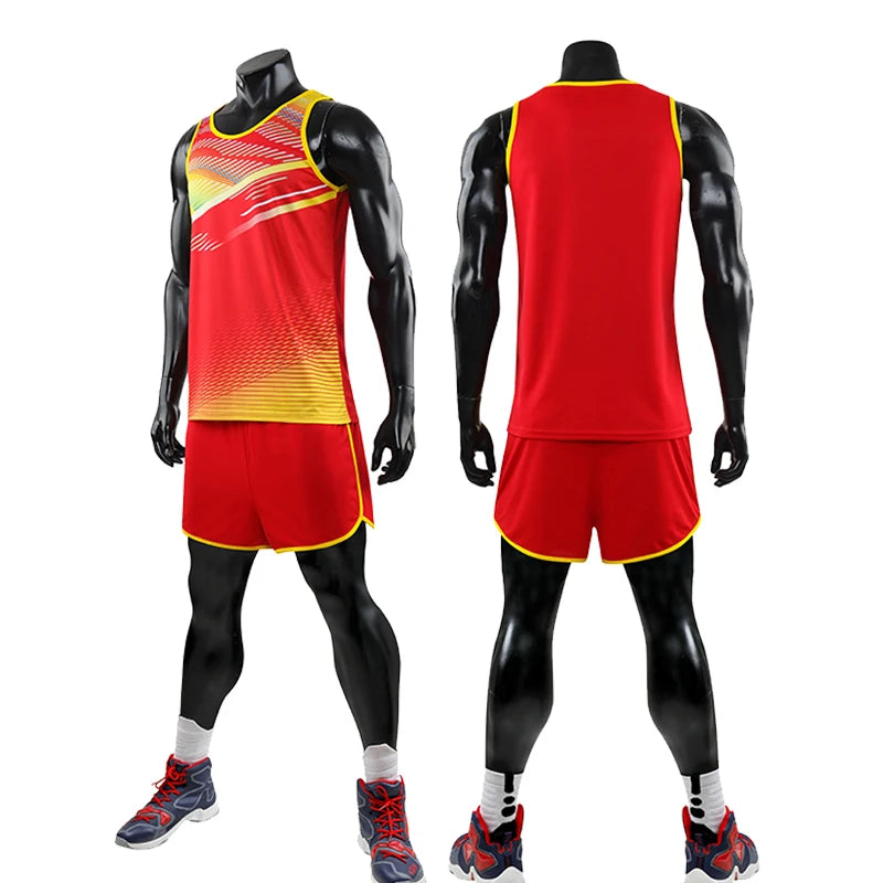 Custom unisex marathon running suit set, red and yellow track sportswear for men, made of polyester and spandex.