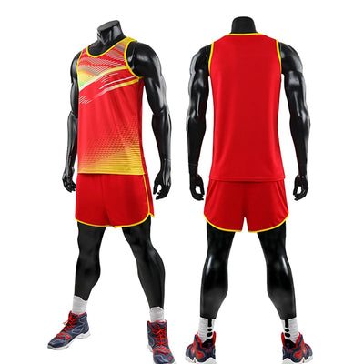 Custom unisex marathon running suit set, red and yellow track sportswear for men, made of polyester and spandex.
