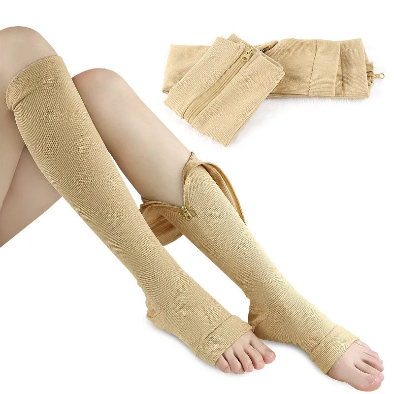 High elasticity nylon closed toe compression socks, ideal for edema and varicose veins support.