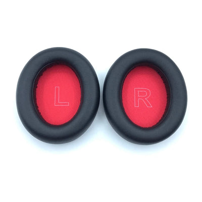 Replacement ear pads for Anker Soundcore headphones, black leather with red interior, labeled for left and right.