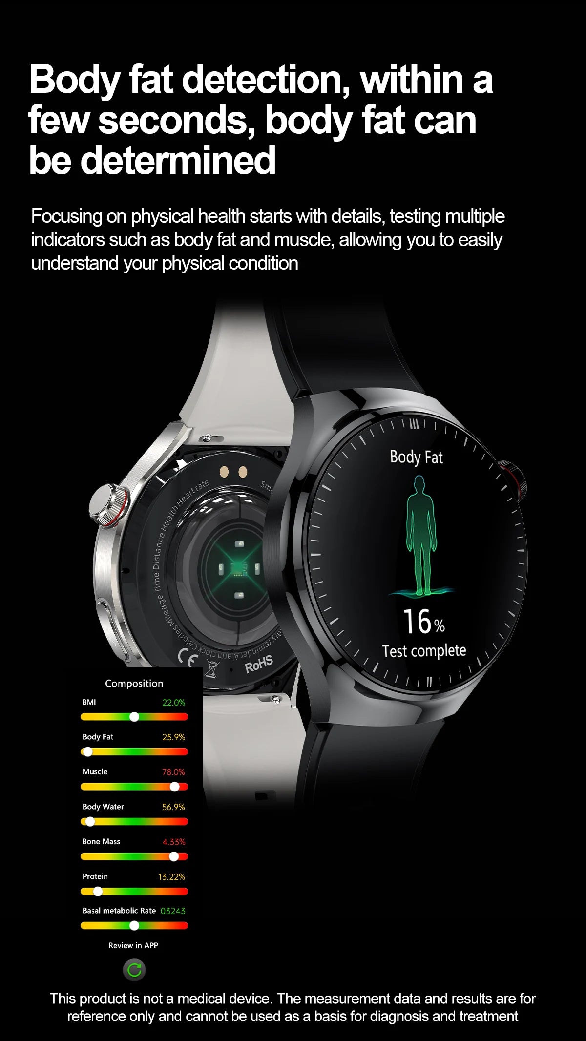 Health smartwatch featuring body fat detection and physical condition analysis on display screen.