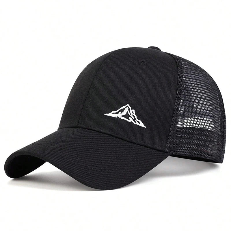 Unisex black mountain embroidery baseball cap with mesh back, adjustable outdoor sun hat for men.