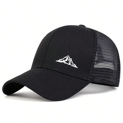 Unisex black mountain embroidery baseball cap with mesh back, adjustable outdoor sun hat for men.