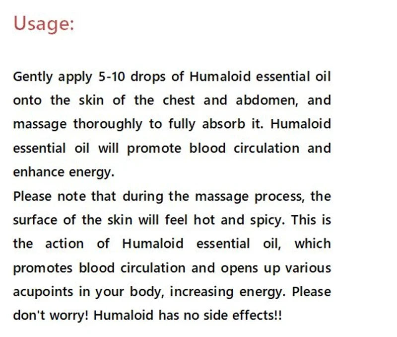 Instructions for using Humaloid essential oil for enhancing energy and improving blood circulation.