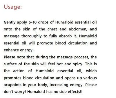Instructions for using Humaloid essential oil for enhancing energy and improving blood circulation.