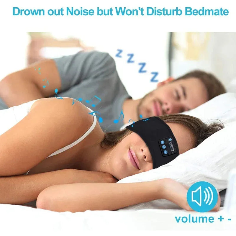 Woman wearing wireless music eye mask headphones in bed, designed for noise cancellation and comfort during sleep.