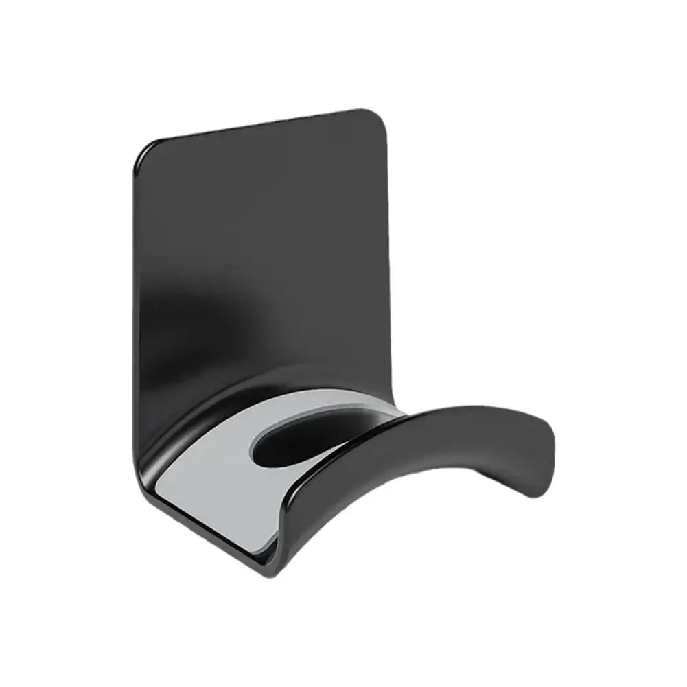 Black universal headphone stand with adhesive wall mount for under-desk headset storage.