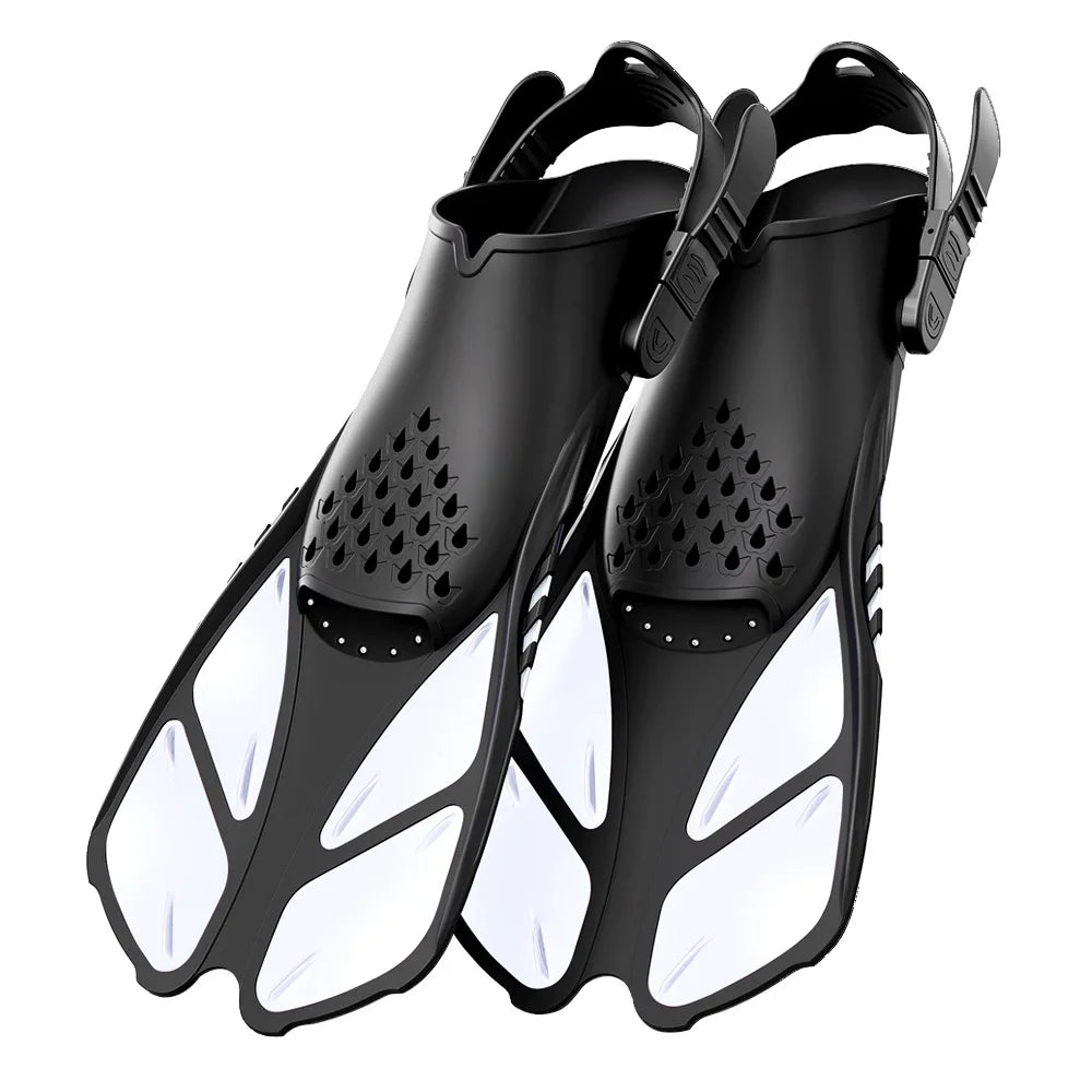 Adjustable silicone snorkel fins with open heel, perfect for scuba diving and swimming, suitable for adults.