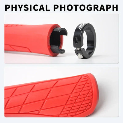 Close-up of BUCKLOS red ergonomic bike handlebar grips and aluminum lock ring, showcasing design and texture.