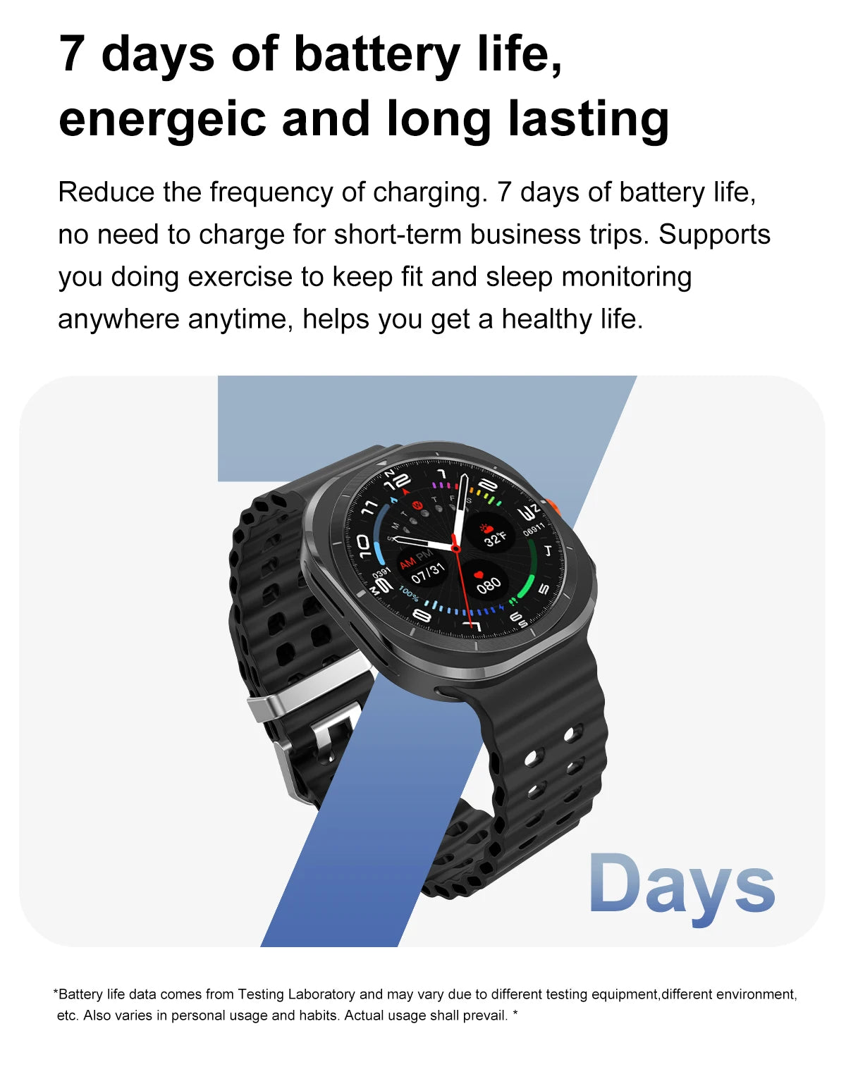 Smartwatch showcasing 7 days of battery life, features a sleek design and health tracking capabilities.