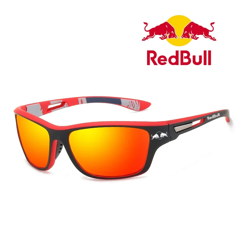 Red Bull polarized sunglasses designed for outdoor activities like fishing, driving, and hiking.
