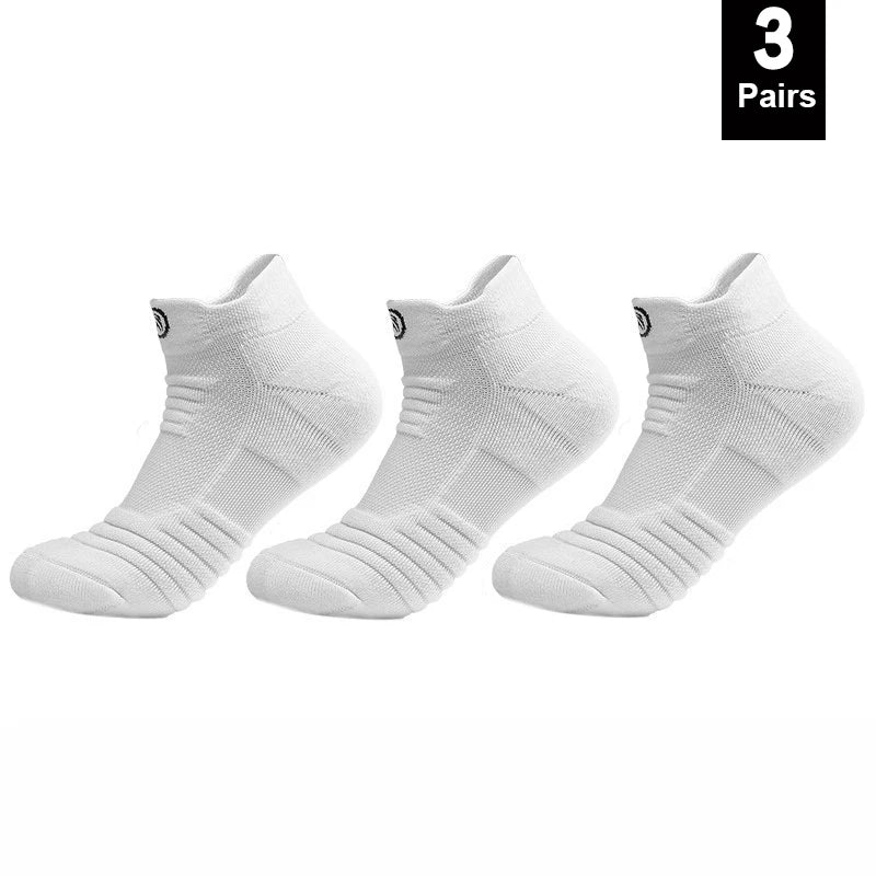 Elastic compression sports socks in white, breathable material, 3 pairs, perfect for basketball and active wear.
