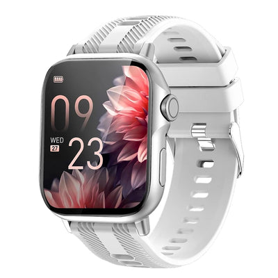 2025 waterproof smart watch for men and women with flower-themed display and adjustable white strap.