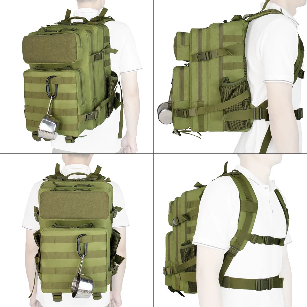 Tactical backpack with multiple compartments, in green, ideal for hiking, camping, and outdoor activities.