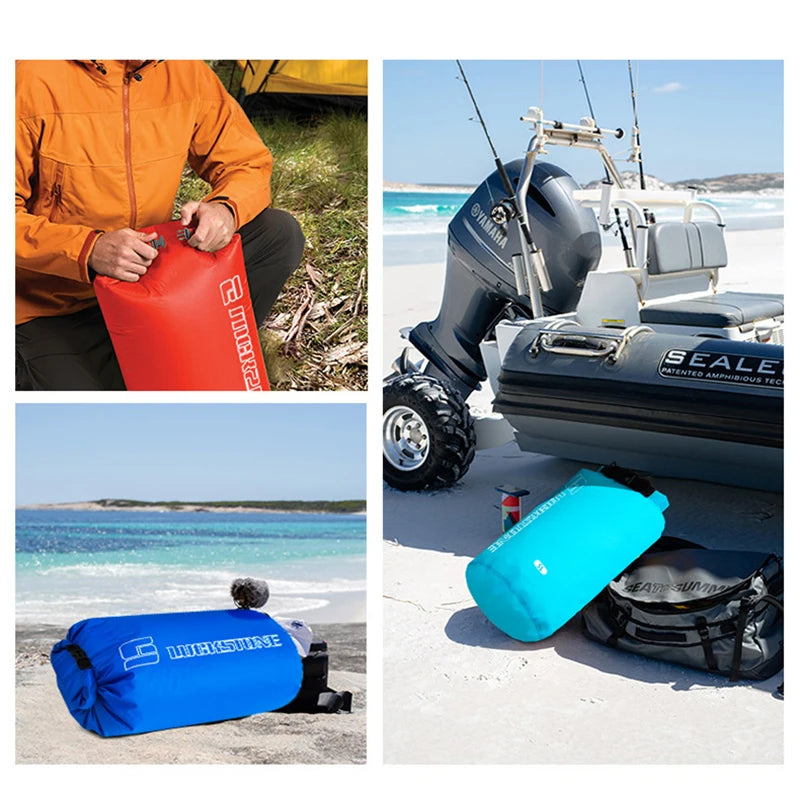 Collage of waterproof dry bags in red and blue, ideal for drifting, swimming, and storing clothes outdoors.