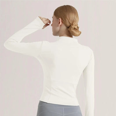 Back view of women's lightweight sports jacket, long sleeve and breathable, perfect for fitness and yoga workouts.