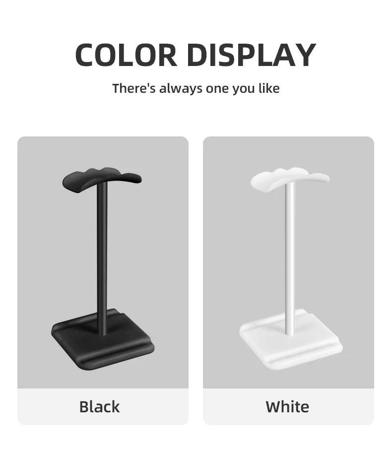 Universal headphone stand organizer in black and white color options for desktop display.