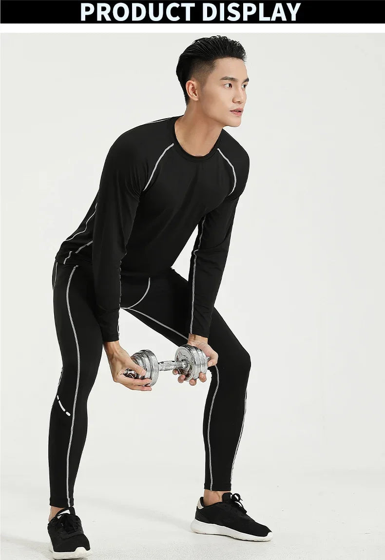 Men's compression sportswear set in black, featuring long sleeves and pants, ideal for gym training.