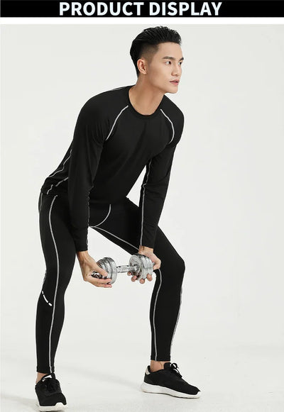 Men's compression sportswear set in black, featuring long sleeves and pants, ideal for gym training.