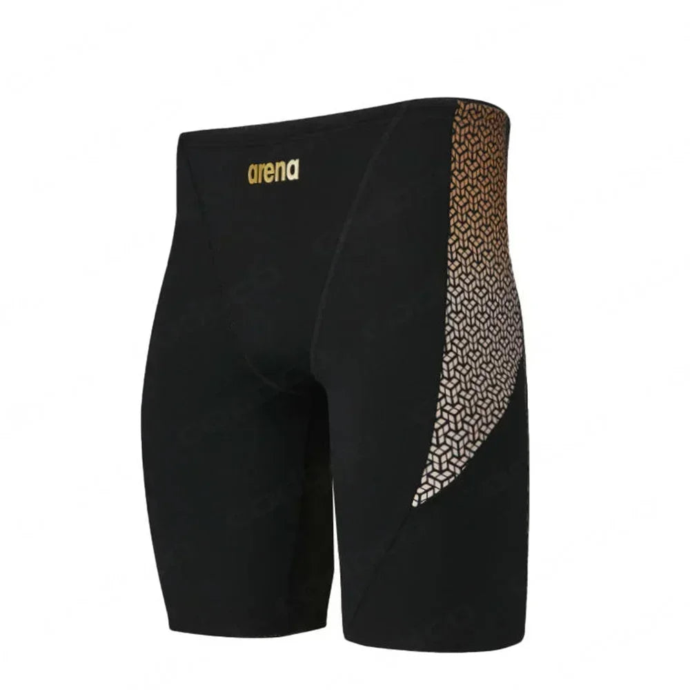 Men's swim jammer trunks in black with printed side pattern, designed for professional swimming and quick drying.