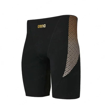 Men's swim jammer trunks in black with printed side pattern, designed for professional swimming and quick drying.