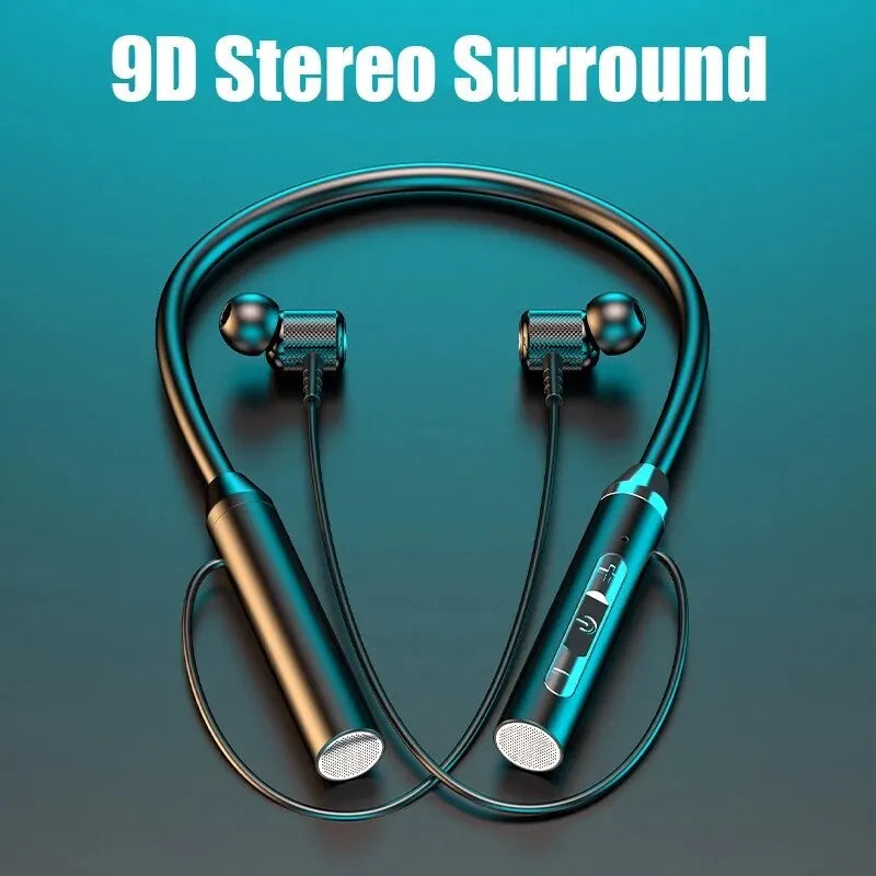 Wireless Bluetooth 5.0 neckband earphones featuring 9D stereo sound and ergonomic design for sports.
