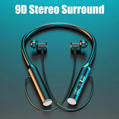 Wireless Bluetooth 5.0 neckband earphones featuring 9D stereo sound and ergonomic design for sports.