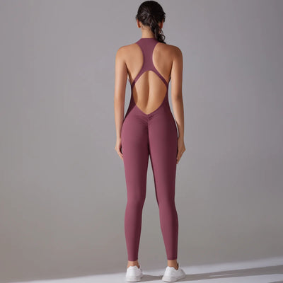 Women’s maroon bodysuit with back cutout design, perfect for yoga and workouts, showcasing a slim fit.